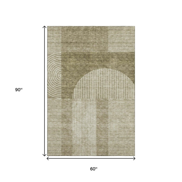 HomeRoots 5' X 8' Taupe and Ivory Geometric Area Rug - Durable, Washable, UV-Protected for High-Traffic Homes 657289