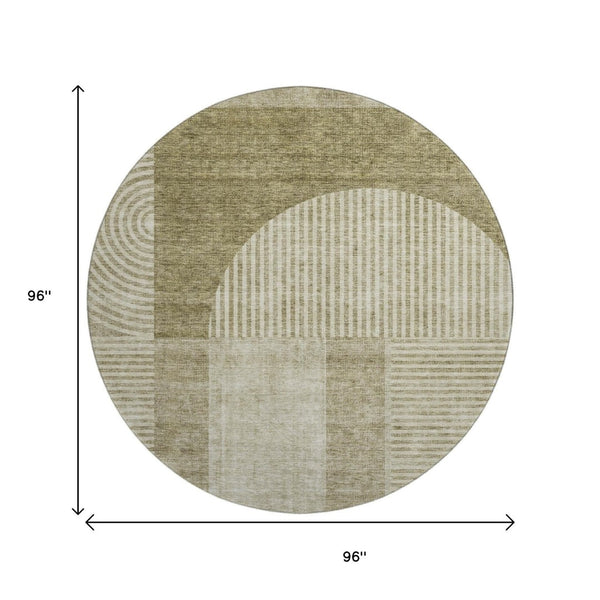 HomeRoots 8' Taupe and Ivory Geometric Round Rug - Washable, UV-Protected, Durable for High-Traffic Areas 657290