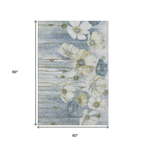 HomeRoots 5' X 8' Washable Blue Ivory Gold Floral Area Rug with UV Protection - Stain Resistant & Durable Design 657295