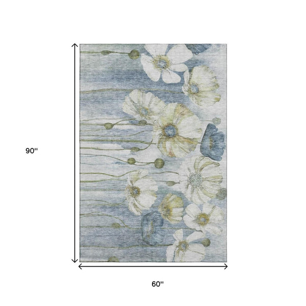 HomeRoots 5' X 8' Washable Blue Ivory Gold Floral Area Rug with UV Protection - Stain Resistant & Durable Design 657295