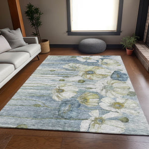HomeRoots 5' X 8' Washable Blue Ivory Gold Floral Area Rug with UV Protection - Stain Resistant & Durable Design 657295