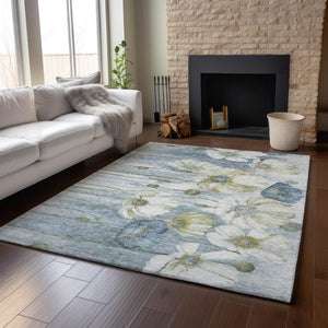HomeRoots 5' X 8' Washable Blue Ivory Gold Floral Area Rug with UV Protection - Stain Resistant & Durable Design 657295