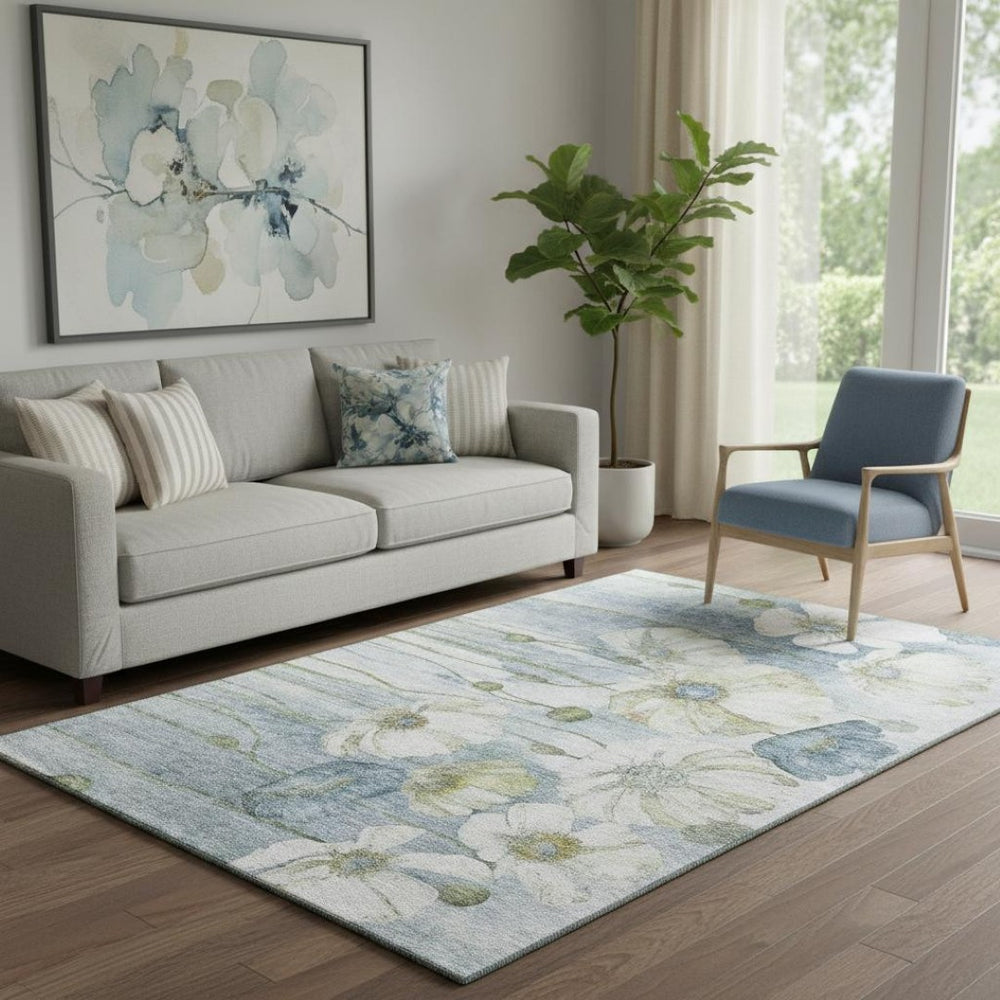 HomeRoots 5' X 8' Washable Blue Ivory Gold Floral Area Rug with UV Protection - Stain Resistant & Durable Design 657295