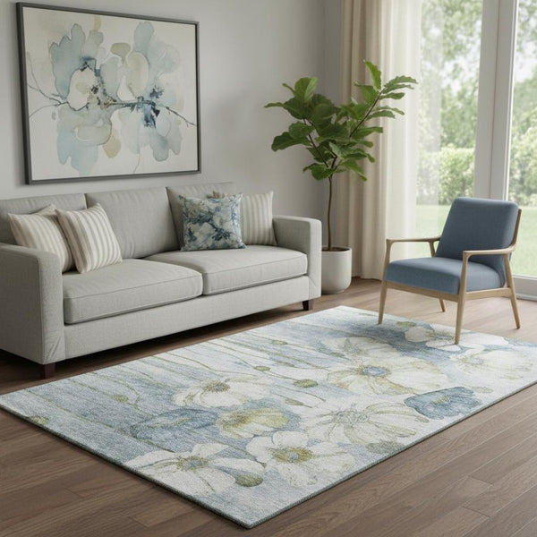 HomeRoots 5' X 8' Washable Blue Ivory Gold Floral Area Rug with UV Protection - Stain Resistant & Durable Design 657295