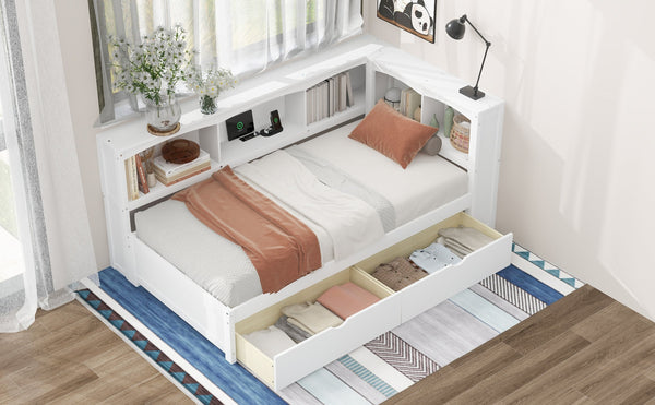 English Elm Twin Twin Size Daybed with USB Charging, Two Storage Drawers & Shelves, Sturdy MDF Frame, 300lb Capacity White GX000396AAK