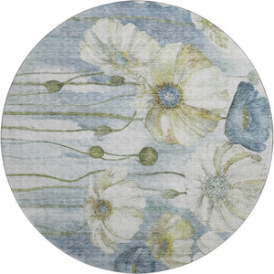 HomeRoots 8' Elegant Blue Ivory Gold Floral Washable Round Rug with UV Protection for Homes & High Traffic Areas 657296