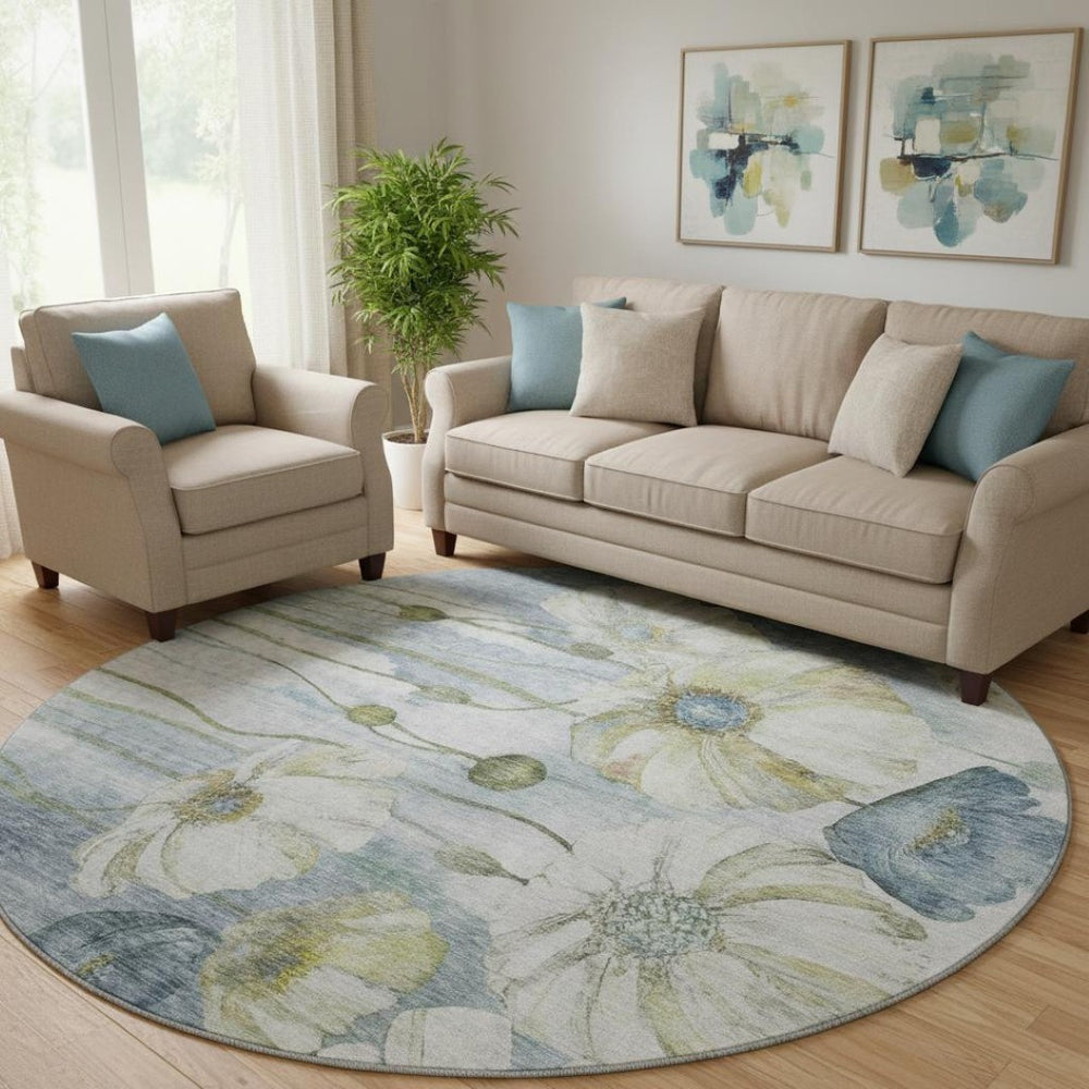 HomeRoots 8' Elegant Blue Ivory Gold Floral Washable Round Rug with UV Protection for Homes & High Traffic Areas 657296
