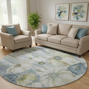HomeRoots 8' Elegant Blue Ivory Gold Floral Washable Round Rug with UV Protection for Homes & High Traffic Areas 657296