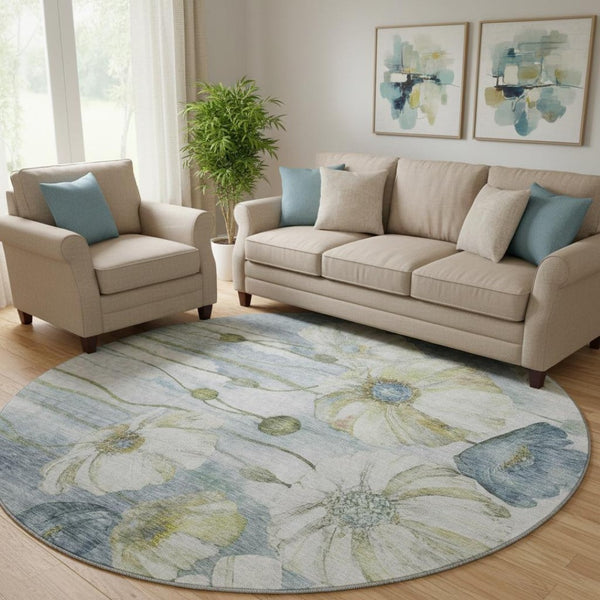 HomeRoots 8' Elegant Blue Ivory Gold Floral Washable Round Rug with UV Protection for Homes & High Traffic Areas 657296