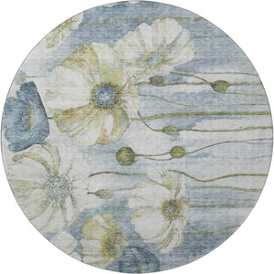 HomeRoots 8' Elegant Blue Ivory Gold Floral Washable Round Rug with UV Protection for Homes & High Traffic Areas 657296