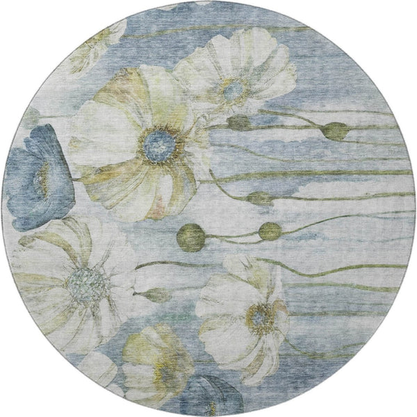 HomeRoots 8' Elegant Blue Ivory Gold Floral Washable Round Rug with UV Protection for Homes & High Traffic Areas 657296
