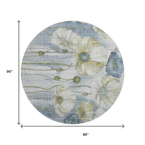 HomeRoots 8' Elegant Blue Ivory Gold Floral Washable Round Rug with UV Protection for Homes & High Traffic Areas 657296