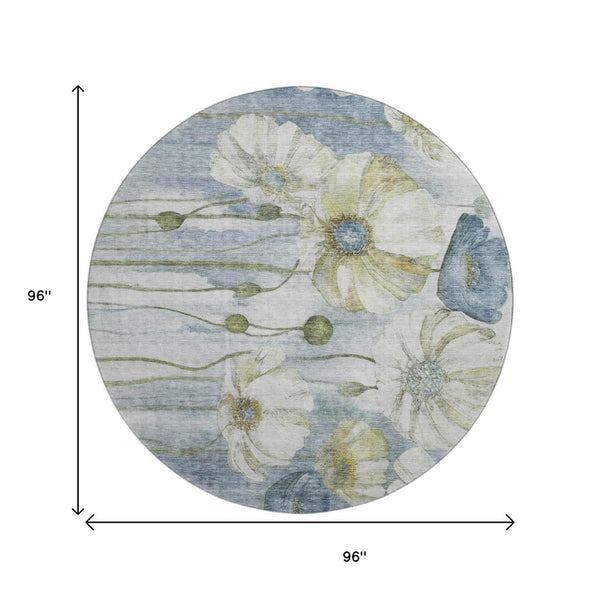 HomeRoots 8' Elegant Blue Ivory Gold Floral Washable Round Rug with UV Protection for Homes & High Traffic Areas 657296
