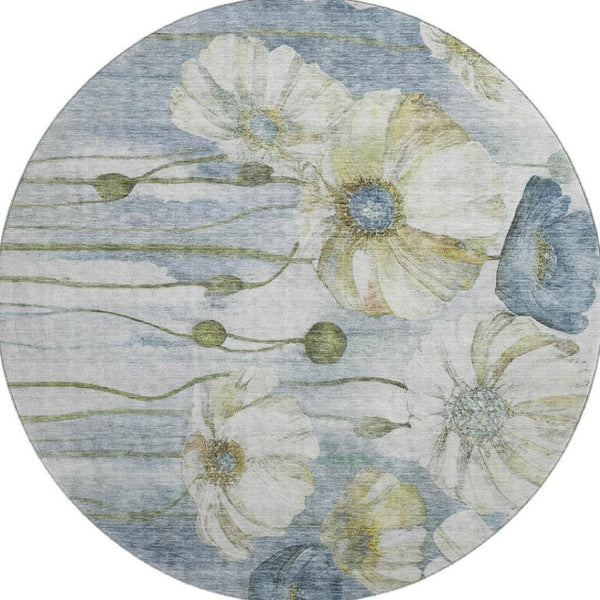 HomeRoots 8' Elegant Blue Ivory Gold Floral Washable Round Rug with UV Protection for Homes & High Traffic Areas 657296