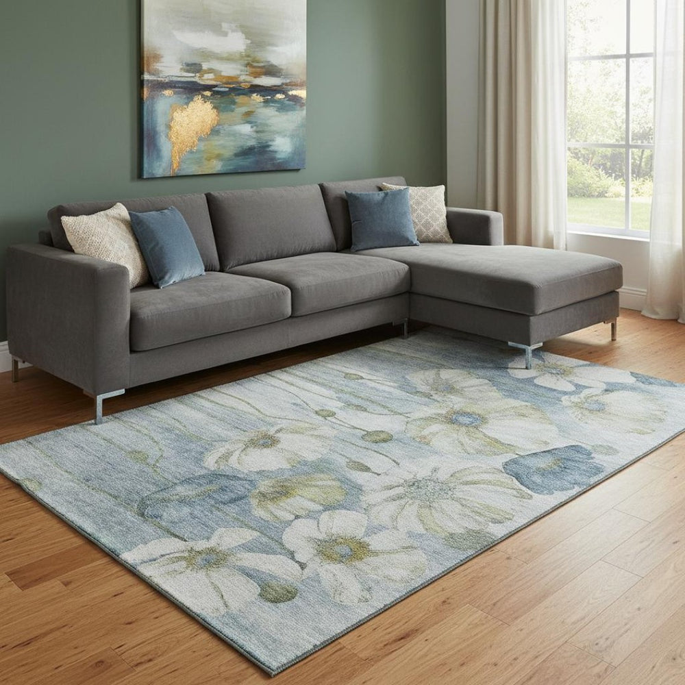 HomeRoots 8' X 10' Blue Ivory Gold Floral Area Rug - Stylish, Washable, UV-Protected, Durable Home Essential! 657297