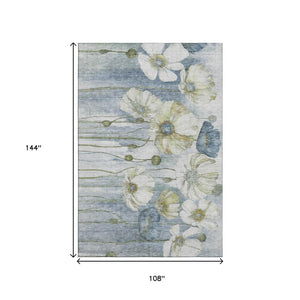 HomeRoots 9' X 12' Elegant Blue Ivory Gold Floral Washable Area Rug - Durable, Stain-Resistant, UV Protected 657298