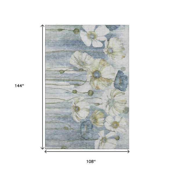 HomeRoots 9' X 12' Elegant Blue Ivory Gold Floral Washable Area Rug - Durable, Stain-Resistant, UV Protected 657298