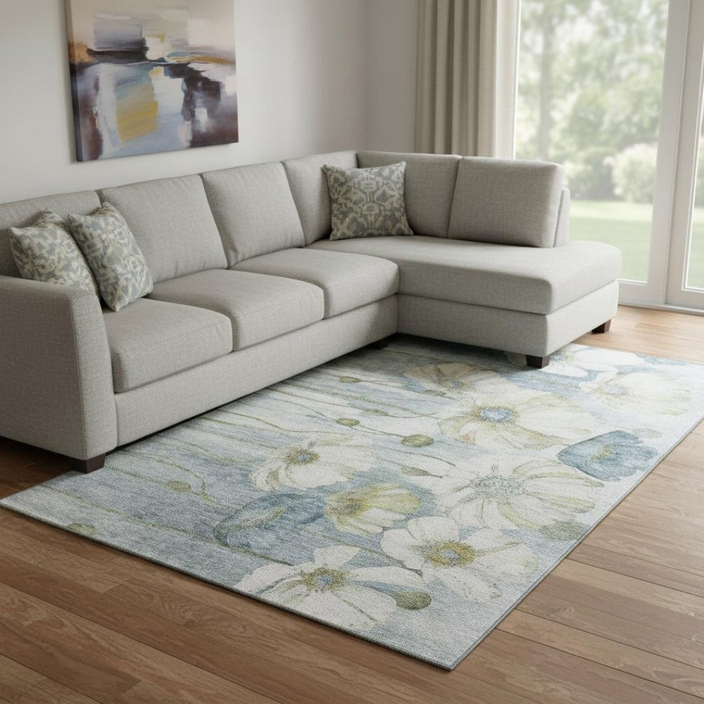 HomeRoots 9' X 12' Elegant Blue Ivory Gold Floral Washable Area Rug - Durable, Stain-Resistant, UV Protected 657298