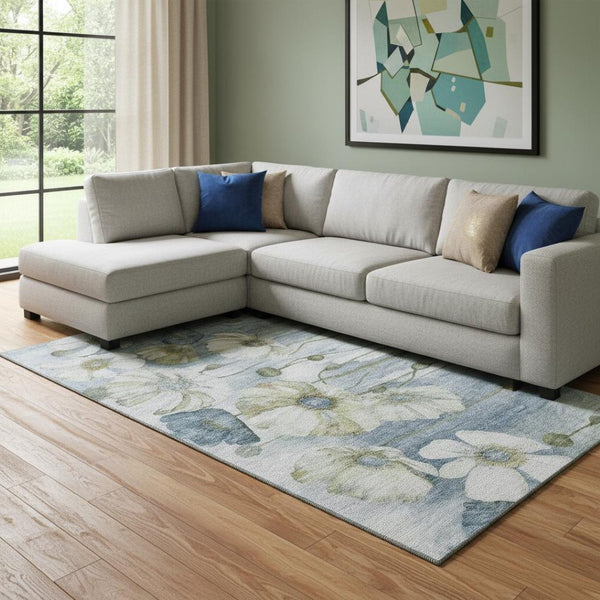 HomeRoots 10' X 14' Blue Ivory Gold Floral Area Rug – Washable, UV Protected, Durable for Busy Homes & Kids 657299
