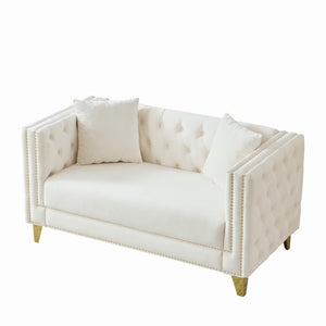 English Elm 58"Chesterfield Velvet Sofa Elegant Tufted 2-Seater Deep Seat with Nailhead Trim Solid Wood Frame Beige W3373S00028