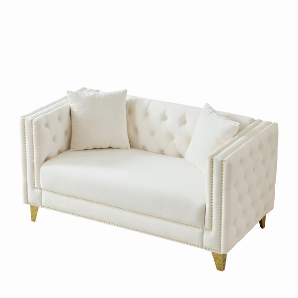 English Elm 58"Chesterfield Velvet Sofa Elegant Tufted 2-Seater Deep Seat with Nailhead Trim Solid Wood Frame Beige W3373S00028