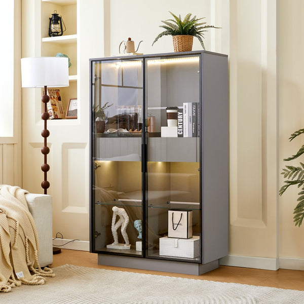 English Elm 60.6'' Contemporary Display Cabinet with LED Lighting, Tempered Glass Doors, Adjustable Shelves & Drawers - Grey, Modern Freestanding Storage for Living Room, Office, Kitchen N845P261799E