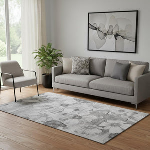 HomeRoots 5' X 8' Gray and Silver Floral Area Rug – Washable, Stain-Resistant, UV Protected for Any Space 657301