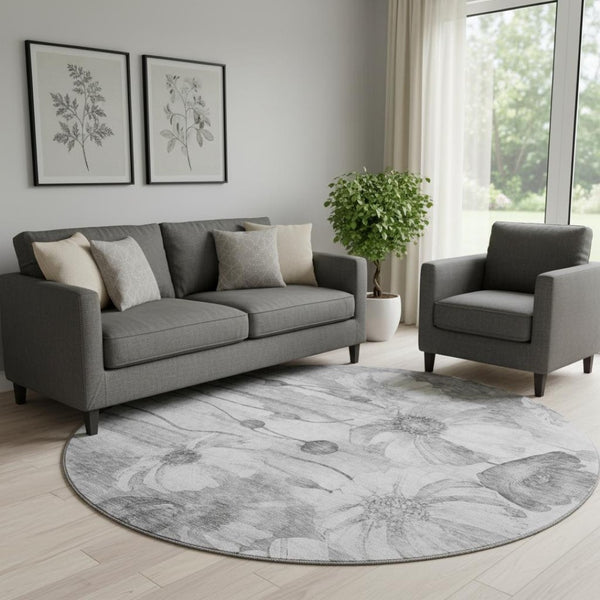 HomeRoots 8' Gray and Silver Floral Round Rug - Stylish, Washable, UV Protected for High-Traffic Spaces! 657302