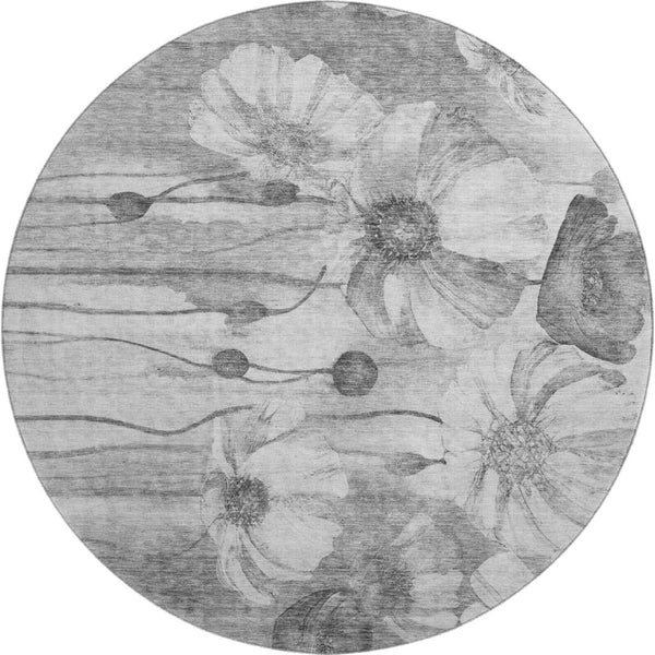 HomeRoots 8' Gray and Silver Floral Round Rug - Stylish, Washable, UV Protected for High-Traffic Spaces! 657302