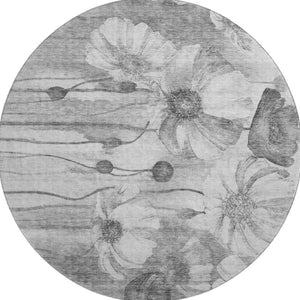 HomeRoots 8' Gray and Silver Floral Round Rug - Stylish, Washable, UV Protected for High-Traffic Spaces! 657302