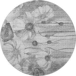 HomeRoots 8' Gray and Silver Floral Round Rug - Stylish, Washable, UV Protected for High-Traffic Spaces! 657302