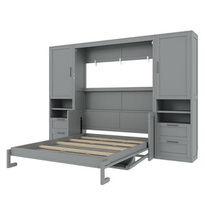 English Elm Queen Murphy Fold Down Wall Bed with Wardrobe Drawers and Shelves for Guest Rooms Gray LP000909AAE-2