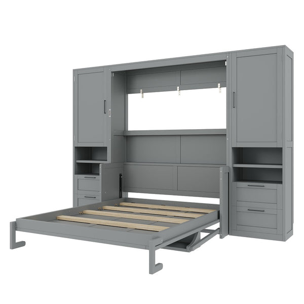 English Elm Queen Murphy Fold Down Wall Bed with Wardrobe Drawers and Shelves for Guest Rooms Gray LP000909AAE-2