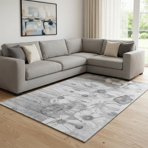 HomeRoots 8' X 10' Gray and Silver Floral Area Rug - Washable, UV Protected, Stain Resistant for Busy Homes 657303