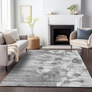 HomeRoots 8' X 10' Gray and Silver Floral Area Rug - Washable, UV Protected, Stain Resistant for Busy Homes 657303