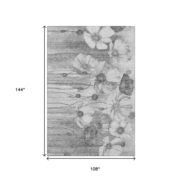 HomeRoots 9' X 12' Gray & Silver Floral Washable Area Rug – Durable, UV Protected, Stain-Resistant Design! 657304
