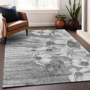 HomeRoots 9' X 12' Gray & Silver Floral Washable Area Rug – Durable, UV Protected, Stain-Resistant Design! 657304