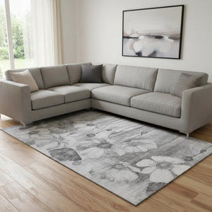 HomeRoots 9' X 12' Gray & Silver Floral Washable Area Rug – Durable, UV Protected, Stain-Resistant Design! 657304