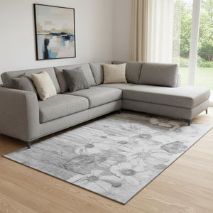 HomeRoots 10' X 14' Gray And Silver Floral Area Rug – Washable, UV-Protected, Stain-Resistant for Family Spaces 657305