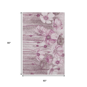 HomeRoots 5' X 8' Floral Washable Area Rug in Plum & Ivory - Stylish, Durable, UV-Protected for Busy Homes 657307
