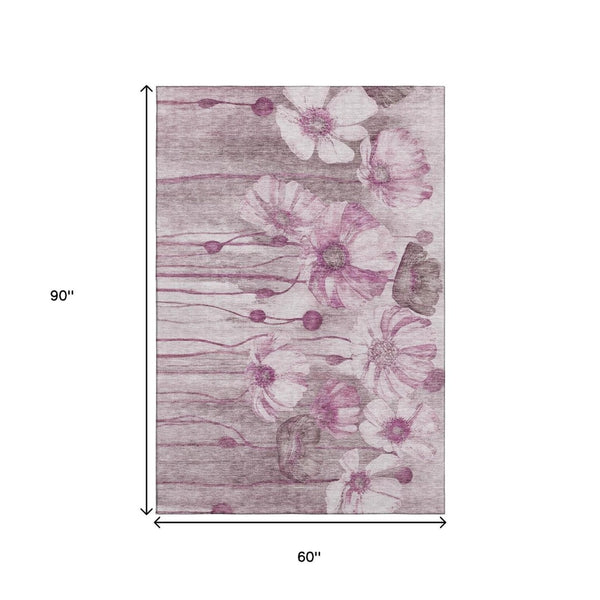 HomeRoots 5' X 8' Floral Washable Area Rug in Plum & Ivory - Stylish, Durable, UV-Protected for Busy Homes 657307