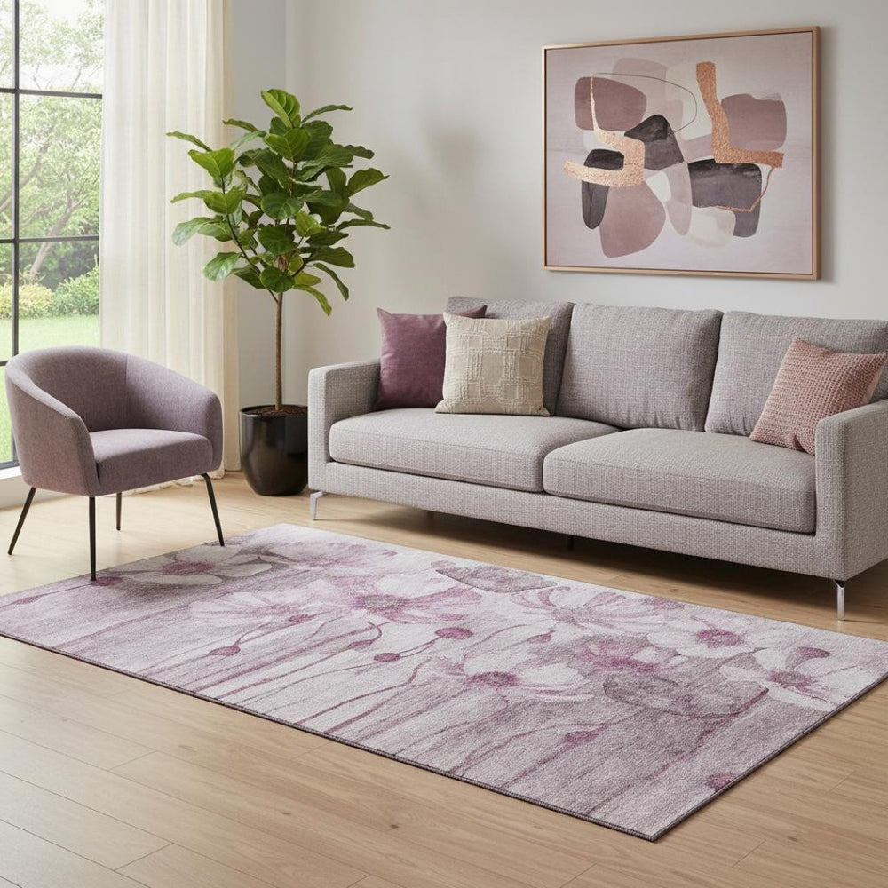HomeRoots 5' X 8' Floral Washable Area Rug in Plum & Ivory - Stylish, Durable, UV-Protected for Busy Homes 657307