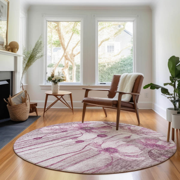 HomeRoots 8' Elegant Plum and Ivory Floral Washable Round Rug with UV Protection for Busy Homes and Durability 657308