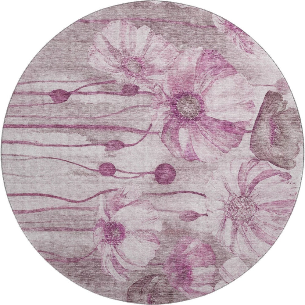HomeRoots 8' Elegant Plum and Ivory Floral Washable Round Rug with UV Protection for Busy Homes and Durability 657308