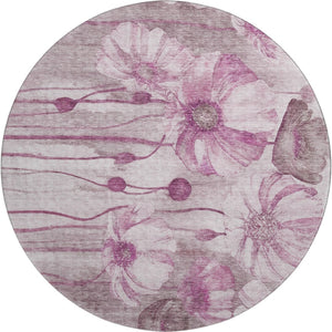 HomeRoots 8' Elegant Plum and Ivory Floral Washable Round Rug with UV Protection for Busy Homes and Durability 657308