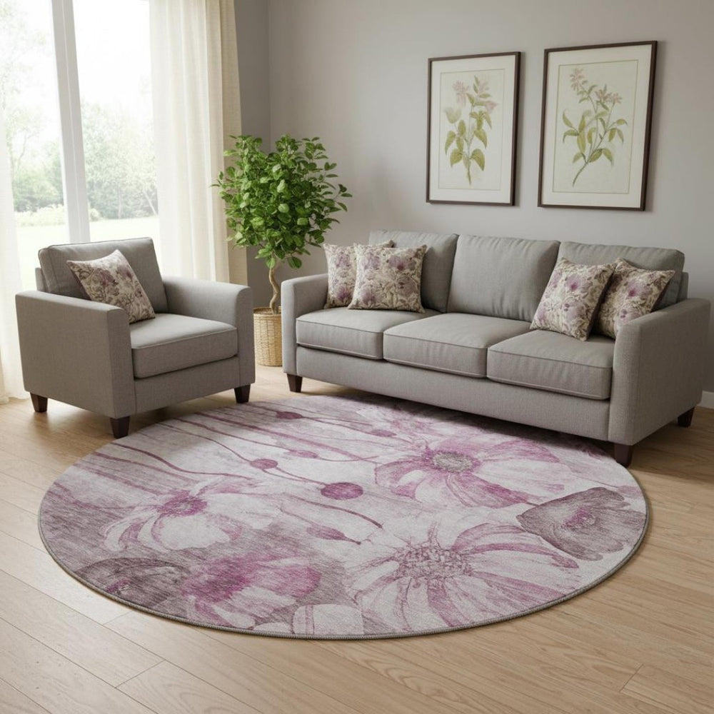 HomeRoots 8' Elegant Plum and Ivory Floral Washable Round Rug with UV Protection for Busy Homes and Durability 657308