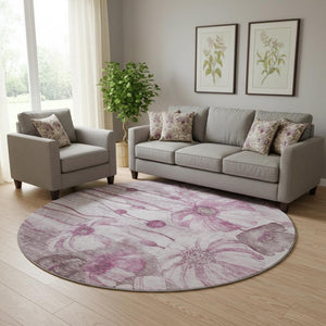 HomeRoots 8' Elegant Plum and Ivory Floral Washable Round Rug with UV Protection for Busy Homes and Durability 657308