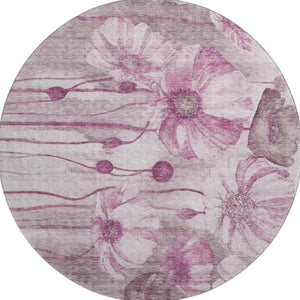 HomeRoots 8' Elegant Plum and Ivory Floral Washable Round Rug with UV Protection for Busy Homes and Durability 657308