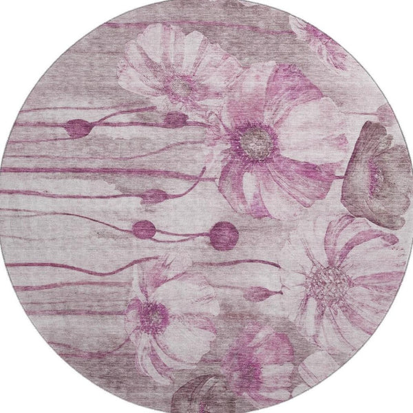 HomeRoots 8' Elegant Plum and Ivory Floral Washable Round Rug with UV Protection for Busy Homes and Durability 657308
