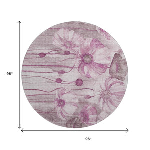 HomeRoots 8' Elegant Plum and Ivory Floral Washable Round Rug with UV Protection for Busy Homes and Durability 657308